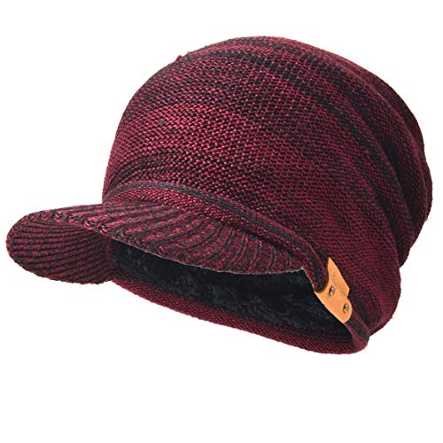 Ruphedy Mens Beanie with Brim Winter Hat Knitted Thick Fleece Visor Beanie - color: B319-claret