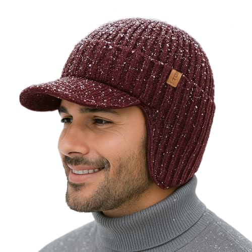 TOP-EX DryKnit™ 80% Merino Wool Waterproof Warm Brim Beanie with Ear Flaps - color: Red, size: Medium