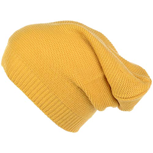 an Unisex Striped Knit Slouchy Beanie Hat Lightweight Soft Fashion Cap - color: 5104-mustard