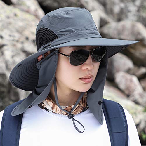 Men Women Safari Bucket Fishing Sun Hats Face Cover Neck Flap - color: Dark Gray
