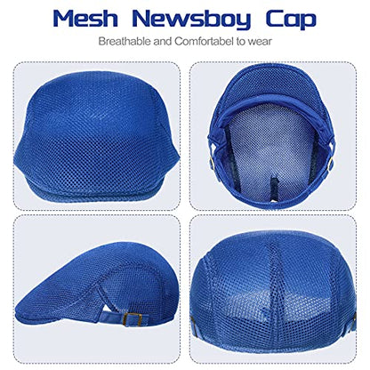 Geyoga 3 Pcs Mesh Newsboy Cap, Adjustable Mesh Cap - color: Black, Light Gray, Royal Blue