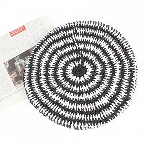 Women Summer Straw Woven Sunhat Classic Beret Artist Painter Sun Hat Cap - color: Stripes Black