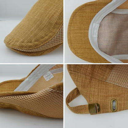 Linen Cotton Flat Cap Men Summer Newsboy - color: B31 - Brown, size: 7 3/8-7 5/8