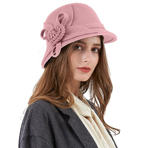 Ladies Wool Felt Bucket Hat Women Vintage Cloche Fedora Winter Church Bowler Hat with Bow - color: Pink Rose