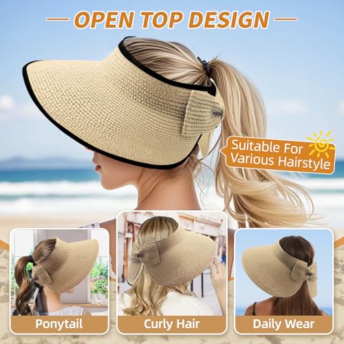 Sun Hats for Women Wide Brim Straw Sun Visors Ponytail Hat - color: Beige With Black