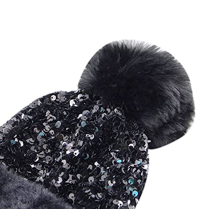 Women Sparkly Sequins Knitted Beanie Hat Warm Winter Skull Cap with Faux Fur Pom Pom - color: Black