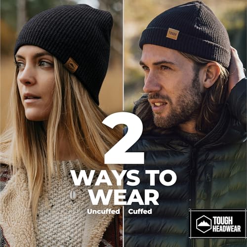 Tough Headwear Ribbed Beanie Hat - Stretch Fit Beanie for Women - Knit Winter Hats for Men - Breathable Knit Caps - color: Black + Dark Grey