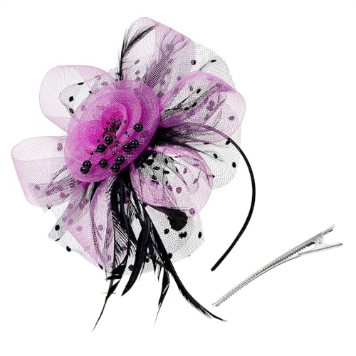 Century Star 2026 Kentucky Hat Derby Fascinator for Women Tea Party Flower Mesh Ribbons Feathers Headband Hair Clips - color: Hot Pink Black