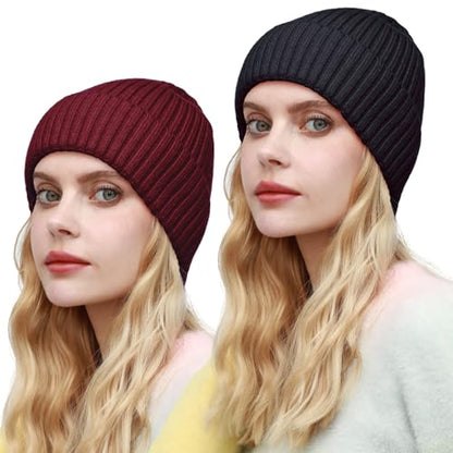 ROYBENS Womens Satin Lined Beanie for Men Wool Knit Cuffed Warm Winter Hats - color: 2pack-wine Red+black