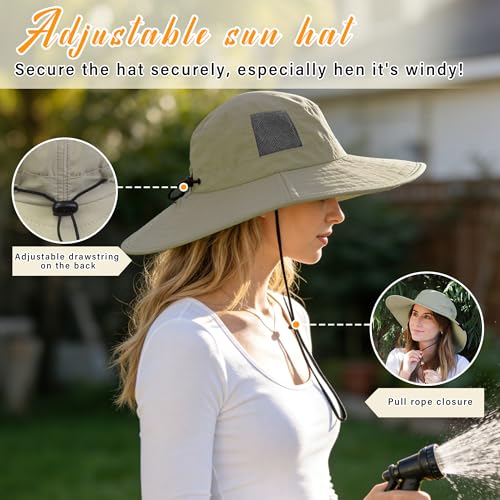 Tirrinia Sun Hats for Women, Wide Brim Hat with Ponytail Hole - color: Olive-22.44‘’head