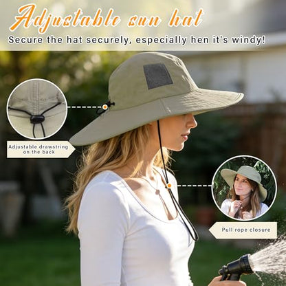 Tirrinia Sun Hats for Women, Wide Brim Hat with Ponytail Hole - color: Olive-22.44‘’head
