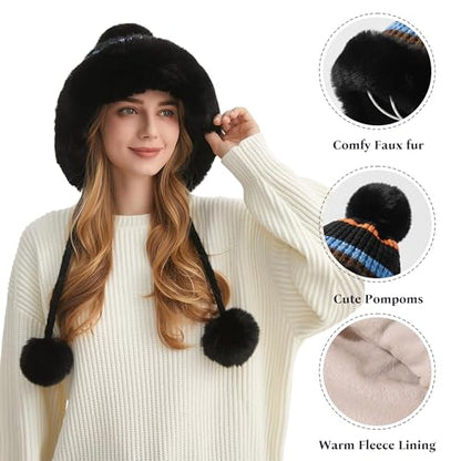 HUAMULAN Women Winter Sherpa Beanie Hats Knit Fleece Lined Ear Flaps - color: Black With Stripe