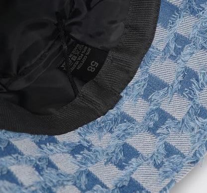 Women's Washed Cotton Bucket Hat Cowboy Checkerboard Fishermen Hat - color: Light Blue