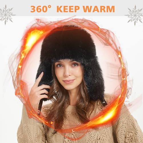 Winter Trapper Hat for Women Warm Faux Fur and Leather Windproof Full Hood Earflap Beanies - color: Black2