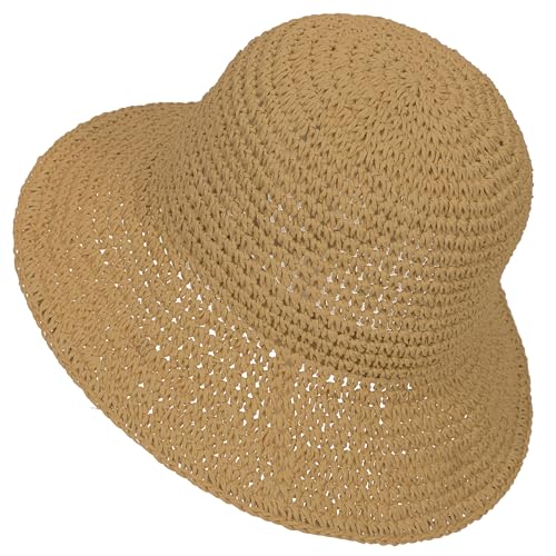 Womens Sun Hat Handmade Crochet Straw Bucket for Summer Foldable Travel Cap - color: Khaki