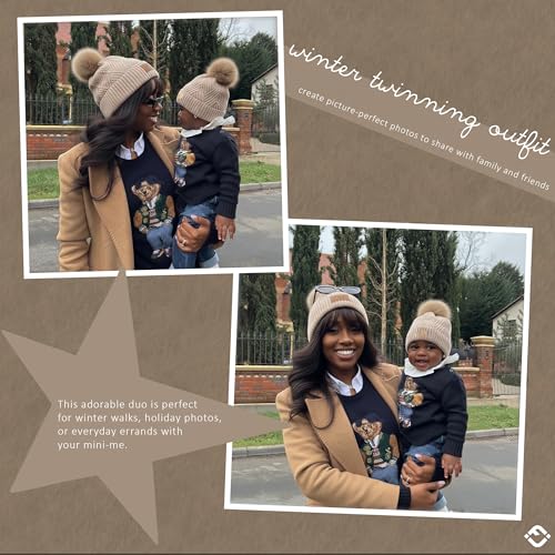Funky Junque Mommy & Me Pom Pom Beanies Set – Infant Baby & Mom Matching Winter Outfits, Warm Newborn & Women's Beanie Hats - color: Diagonal Basketweave - Beige