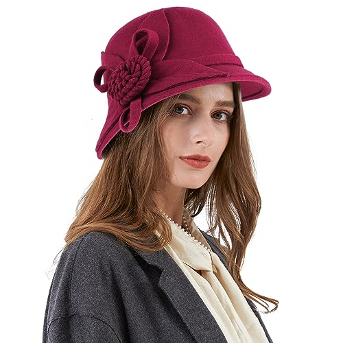 Ladies Wool Felt Bucket Hat Women Vintage Cloche Fedora Winter Church Bowler Hat with Bow - color: Red Rose
