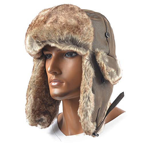Janey&Rubbins Russian Hat Fur Soviet Ushanka Cossack Winter Cap Earflap Snow Ski Headwear - color: Brown/Leather, size: Medium
