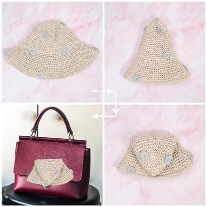 MILAKOO Crochet Bucket Hat Knit Braided Floppy Soild Color Cap for Women Foldable Sun Bowler Hat - color: B1: Floral-beige