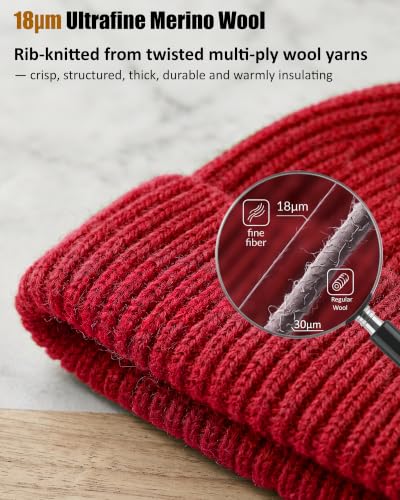 100% Merino Wool Fisherman Beanies for Men Winter Beanie Skull Cap - color: Red