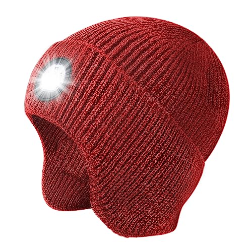 LED Beanie Hat with Light, USB Rechargeable LED Headlamp Hat, Unisex Winter Hat Warm Knitted Earflap Beanie with Night Flashlight (Red) - color: Red Adult