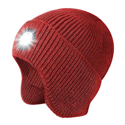 LED Beanie Hat with Light, USB Rechargeable LED Headlamp Hat, Unisex Winter Hat Warm Knitted Earflap Beanie with Night Flashlight (Red) - color: Red Adult