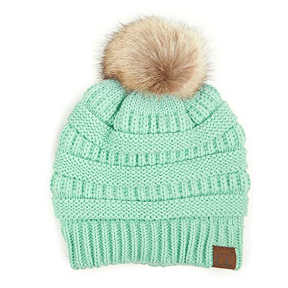 C.C Hatsandscarf Exclusives Unisex Solid Ribbed Beanie with Pom (HAT-43) - color: A Gift Set-mint