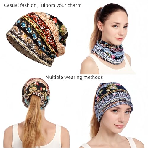 Women's Slouchy Beanie Hat Chemo Caps Cancer Headwear Hats Turban Baggy Sleeping Cap Boho Hats - color: 2pcs Coffee Blue
