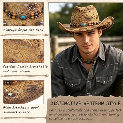 Straw Cowboy Hat for Women, Cowgirl Hat Wide Brim Western Cowboy Hat - color: Style8