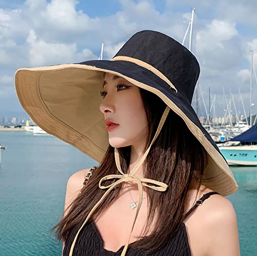 HUAMULAN Women Summer Vacation Wide Brim Sun Hat Reversible Fishing Hats - color: Ag3652-kakhiblack