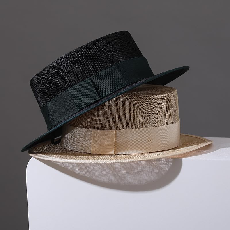2026 Luxury Handmade Boater Hat, Lightweight Breathable Flax Yarn Summer Hat for Cruise Vacation Photo Essential. - color: Black