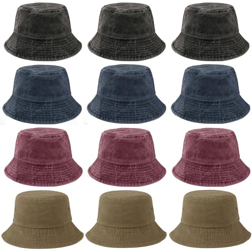 12 Pieces Vintage Washed Distressed Bucket Hat for Women Men Summer Twill Plain Bucket Cap - color: Multicoloured