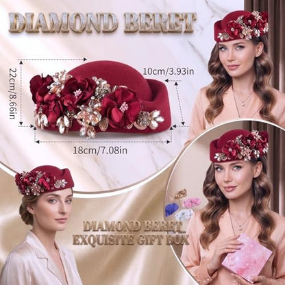Petaluna Women's Flower Beret Suitable for Church Wearing Elegant Breathable Wedding Party Retro French Headdress - color: Red