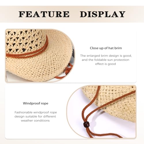 Women/Men Straw Cowboy Hat Wide Brim Sun Beach Cowgirl Hat Summer Western Cowboy for Travel Outdoor Family - color: Beige
