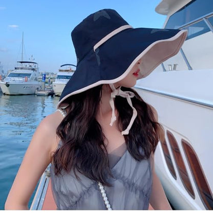 HUAMULAN Women Summer Vacation Wide Brim Sun Hat Reversible Fishing Hats - color: M0004-blackbeige