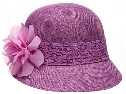Women's Gatsby Linen Cloche Hat with Lace Band and Flower - color: Purple