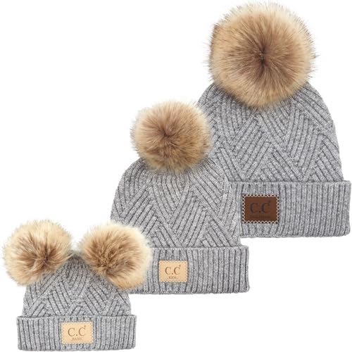 Funky Junque Mommy & Me Double Pom Beanies 3-Pack Matching Winter Hats for Mom, Toddler & Infant Girls, Cozy Knit Family Set - color: Diagonal Basketweave - Heather Grey