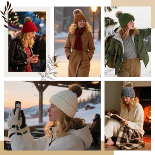 Satin Lined Beanie for Women with Detachable Pom Pom, Winter Cuffed Hat - color: Yellow