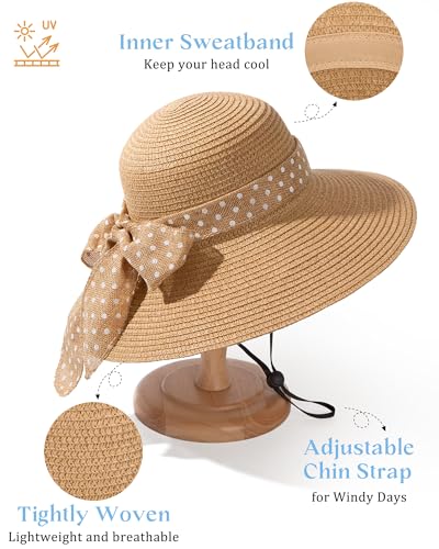 Sun Beach Straw Hats for Women, Summer Wide Brim Hat - color: Light Khaki, size: Large
