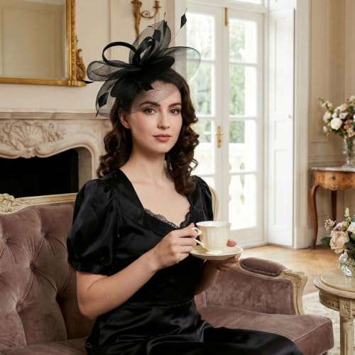 tiggell Fascinators Tea Party Hat for Women, Fascinator with Pillbox Hat - color: Black