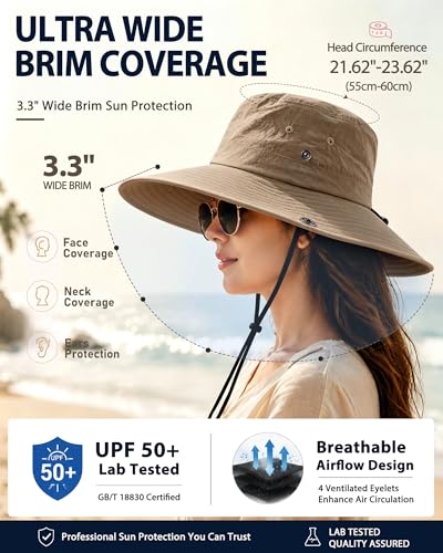 Wide Brim Waterproof Bucket Rain Hat for Women Men UPF50+ Cowboy Sun Hat - color: Khaki