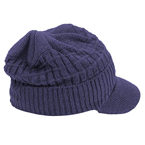 Original One Winter Wool Knitted Chunky Visor Beanie Hat with Brim Fur Lined Peaked Ski Cap - color: Blue