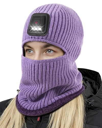 Winter Balaclava Knitted Ski Mask with LED Light - Fleece Lined Full Face Cover Windproof Snow Mask for Skiing, Motorcycling - color: Purple
