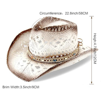 Foeran Men's Women's Straw Cowboy Hat Cowgirl Woven Sun Hat Western Cowboy Hat Two Decorative Bands - color: White-gravel
