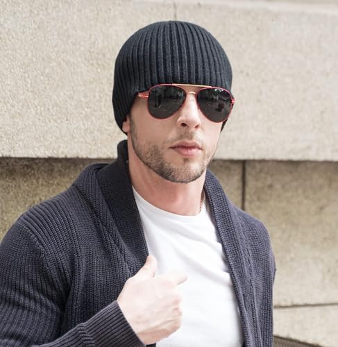 ZLYC Men Winter Knit Fisherman Beanie Hat Fashion Warm Daily Skull Cap - color: Solid Black