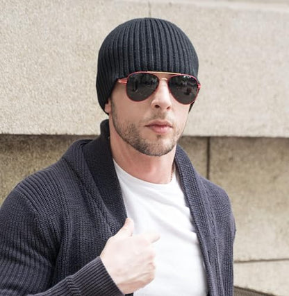 ZLYC Men Winter Knit Fisherman Beanie Hat Fashion Warm Daily Skull Cap - color: Solid Black