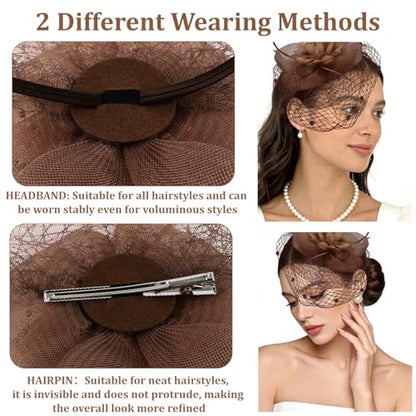 Semato Fascinators Hats for Women Mesh Feathers Elegant Reddish Brown Tea Party Kentucky Hat Derby Headband with Hair Clip - color: Reddish Brown