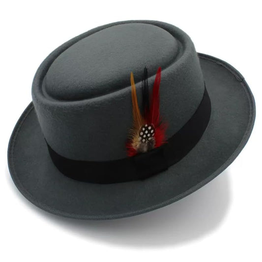 Classic Pork Pie Hat with Feathers Flat Top Fedora, Vintage Panama Hats, Warm Comfortable Jazz Cap - color: Grey