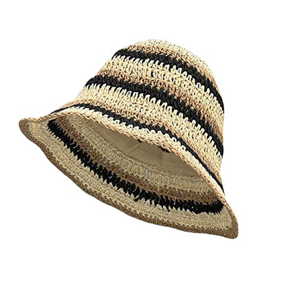 WITHMOONS Women Cap Straw Crochet Sun Summer Bowler Foldable Bucket Hat YZH0158 - color: Black