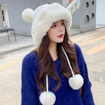 Winter Pompom Beanie Hats Women Knit Womens Beanie Faux Fur Crochet Skull Cap Warm Bucket Outdoor Ear Cover - color: White